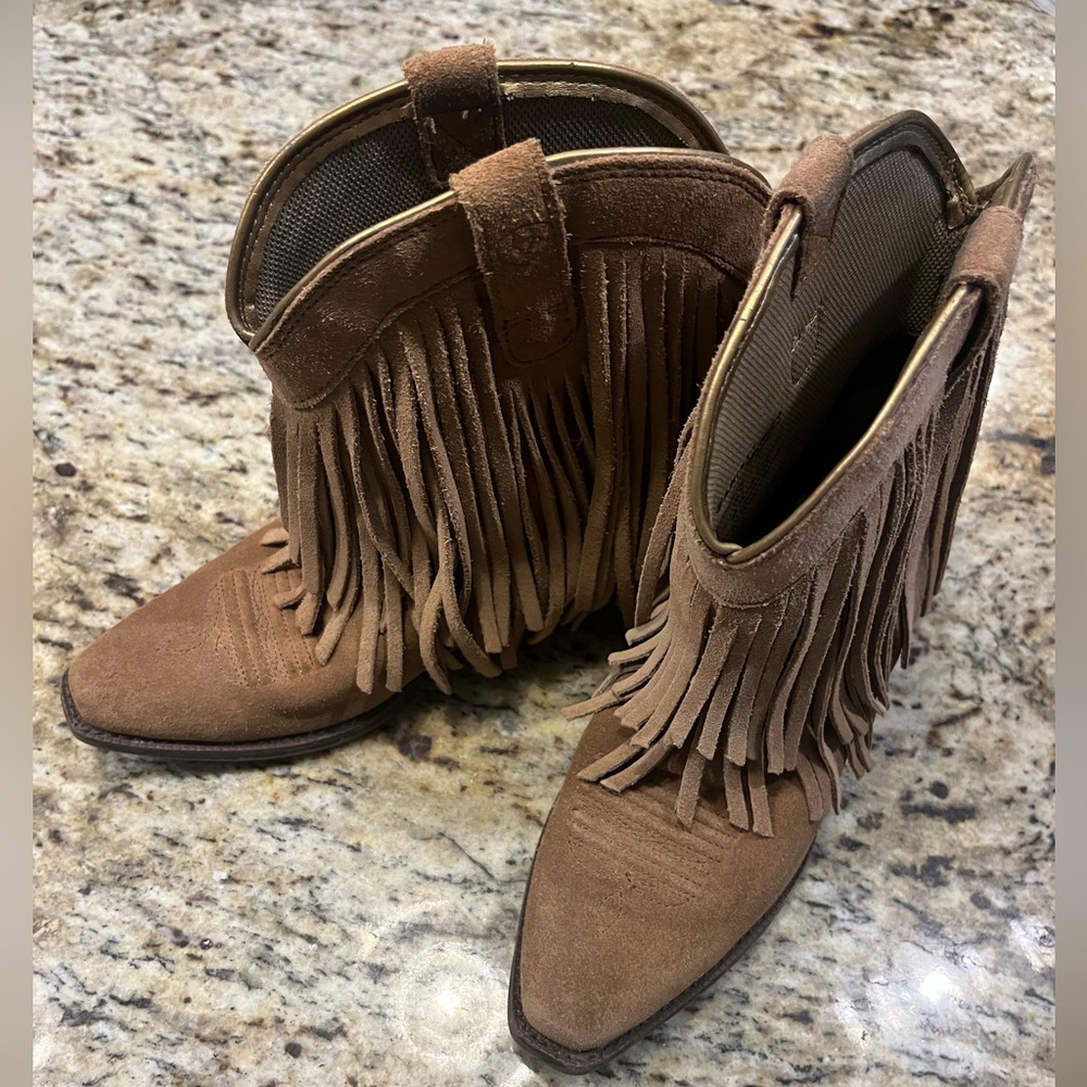 Girls Ariat Fringe Suede Western Boots - Brown Size Y1